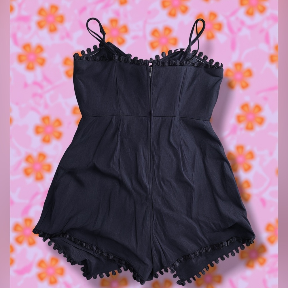 Black Pom-Pom Trim Spaghetti Strap Romper - Picture 3 of 9